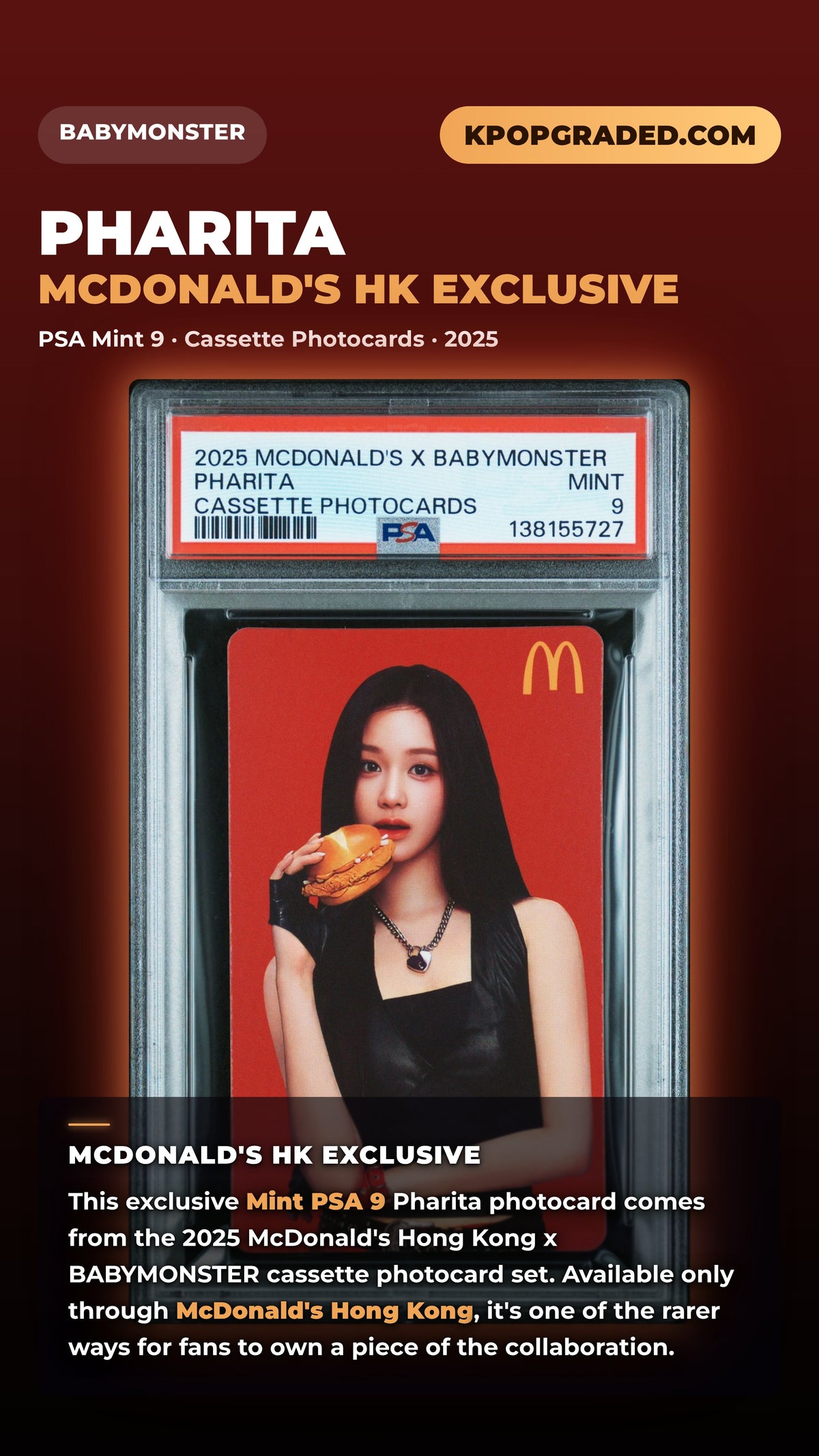 PHARITA 2025 MCDONALD'S X BABYMONSTER CASSETTE PHOTOCARD MINT PSA 9