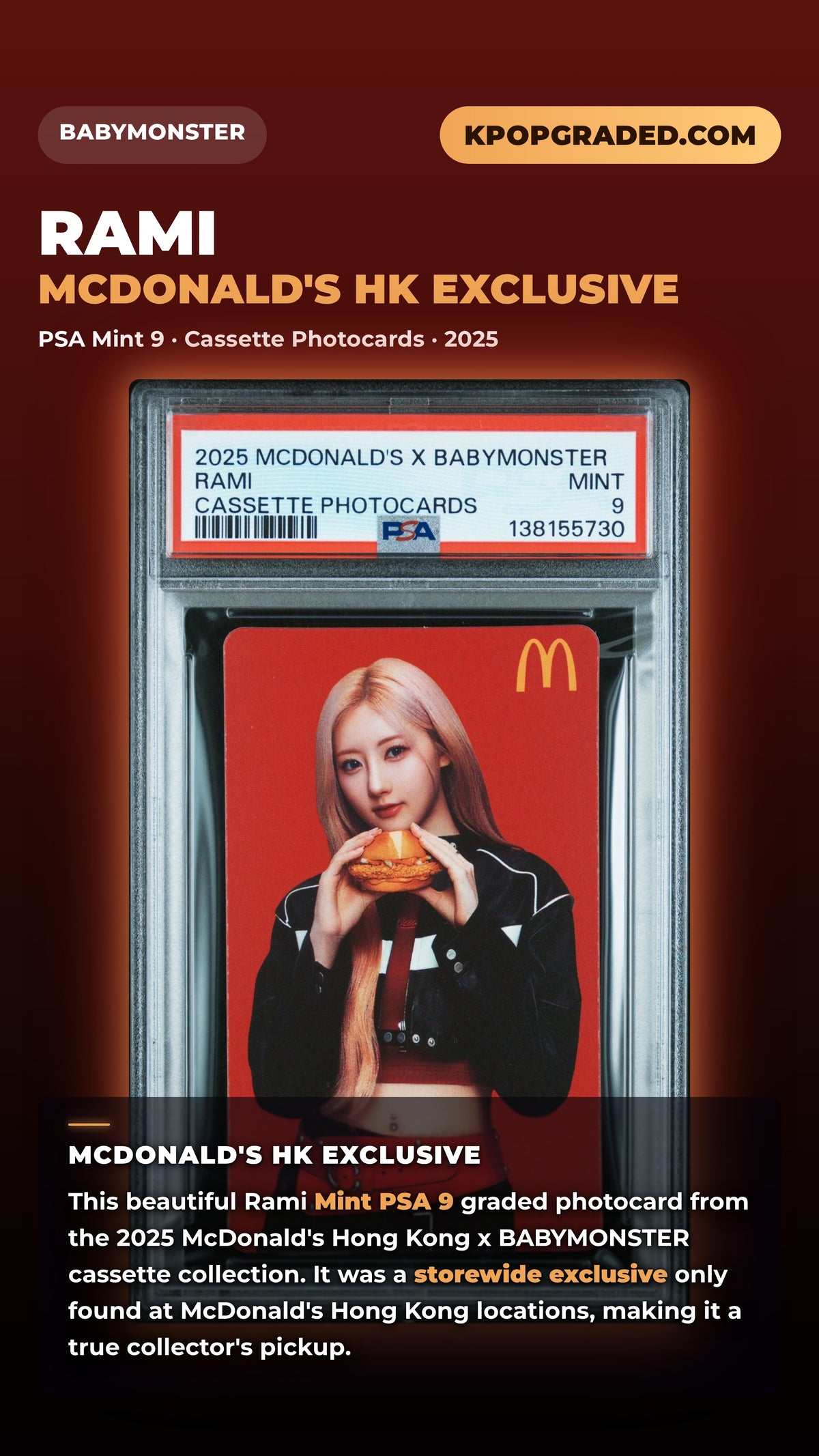 RAMI 2025 MCDONALD'S X BABYMONSTER CASSETTE PHOTOCARD MINT PSA 9