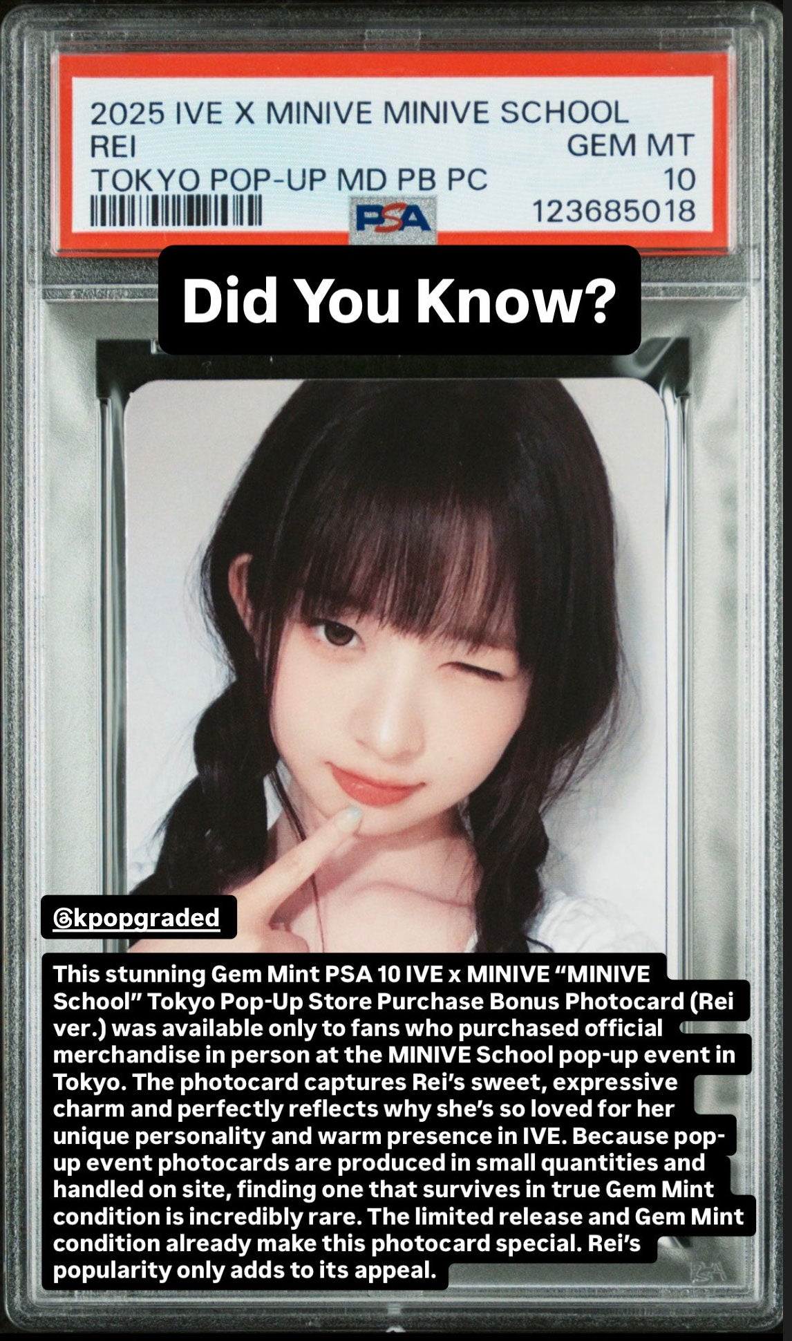 REI 2025 IVE X MINIVE MINIVE SCHOOL POP-UP STORE IN TOKYO OFFICIAL MERCHANDISE PURCHASE BONUS PHOTOCARD GEM MINT PSA 10