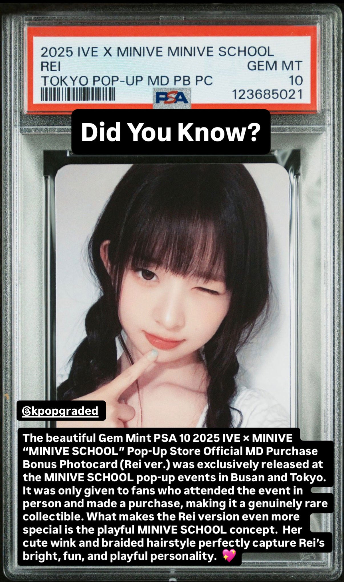 REI 2025 IVE X MINIVE MINIVE SCHOOL POP-UP STORE IN BUSAN & TOKYO OFFICIAL MD PURCHASE BONUS PHOTOCARD GEM MINT PSA 10