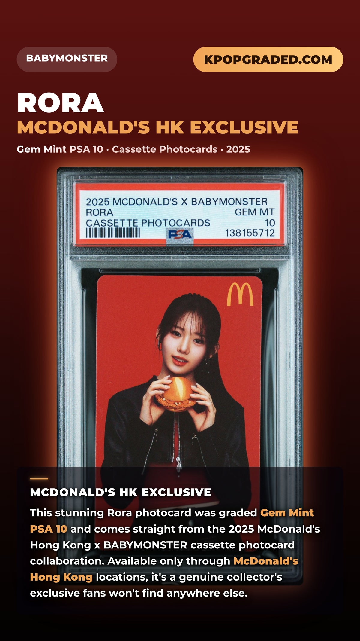 RORA 2025 MCDONALD'S X BABYMONSTER CASSETTE PHOTOCARD GEM MINT PSA 10