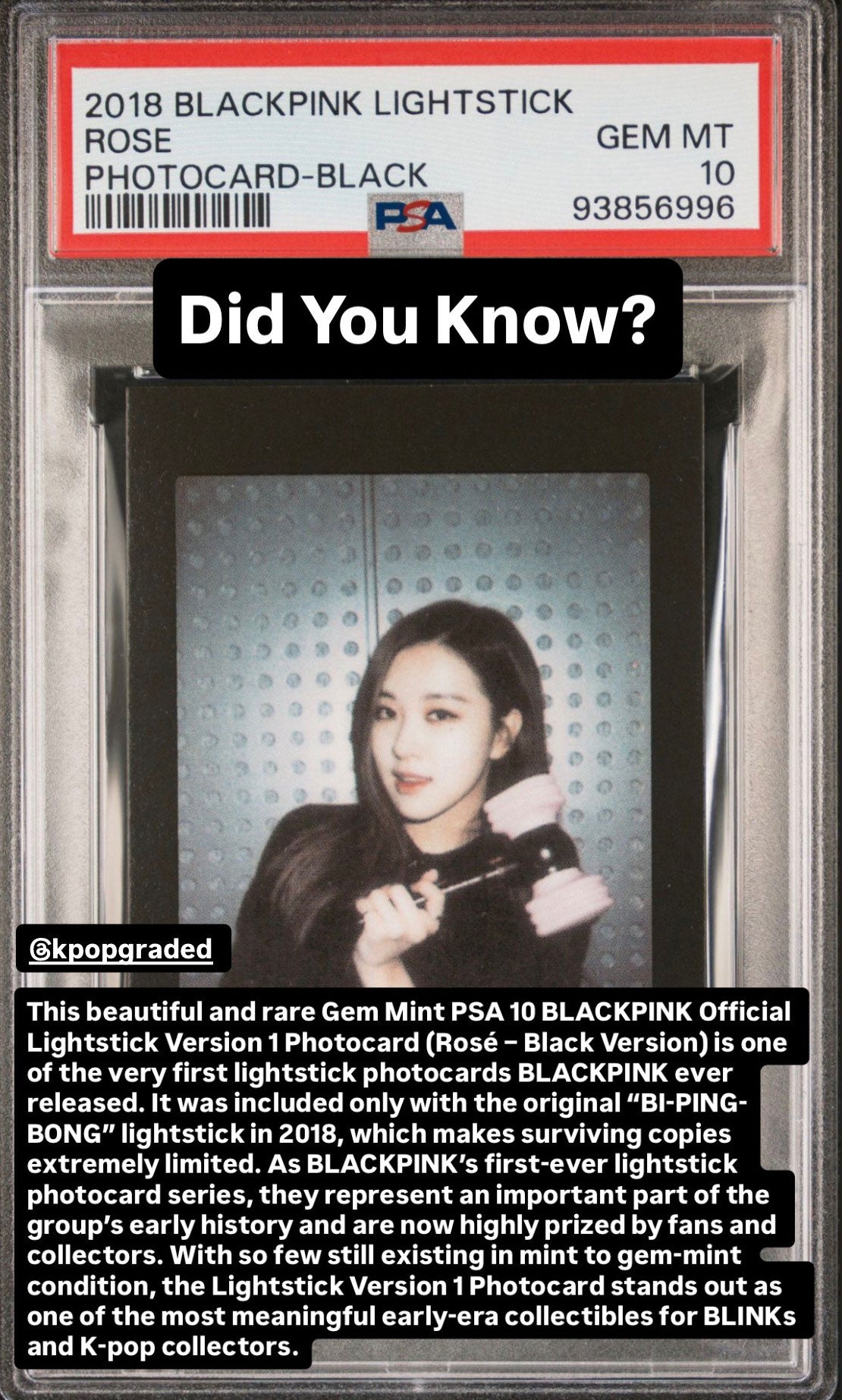 2018 BLACKPINK LIGHTSTICK BLACK VERSION ROSE PHOTOCARD GEM MINT PSA 10