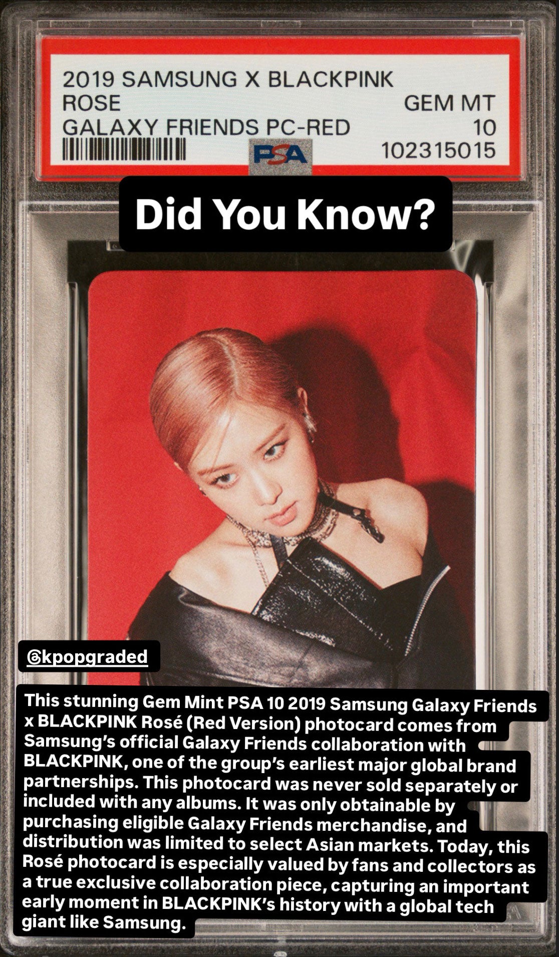 ROSÉ GALAXY FRIENDS RED VERSION 2019 SAMSUNG GALAXY FRIENDS X BLACKPINK PHOTOCARD GEM MINT PSA 10