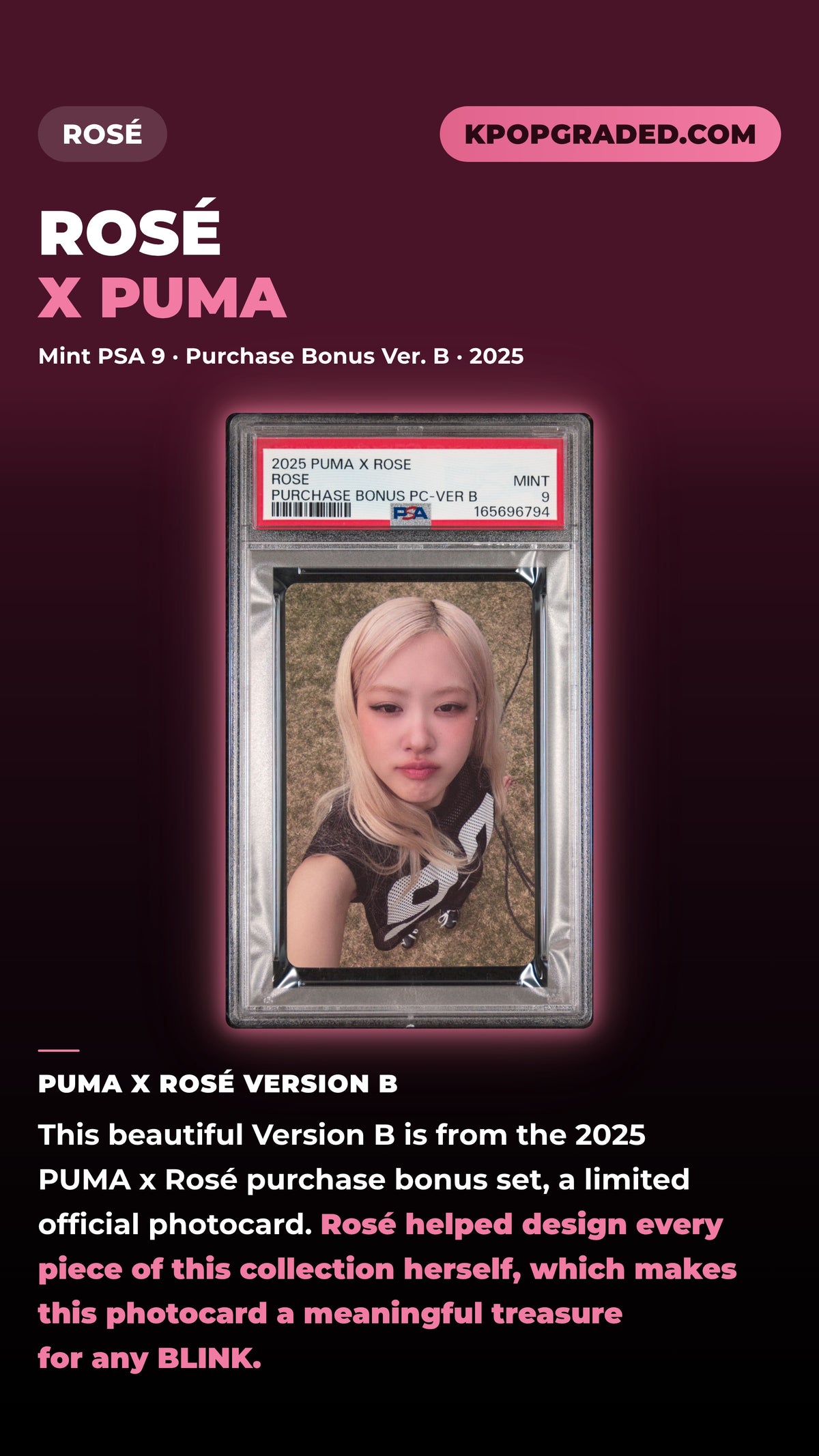 ROSÉ X PUMA PURCHASE BONUS PHOTOCARDS ROSE VERSION B MINT PSA 9