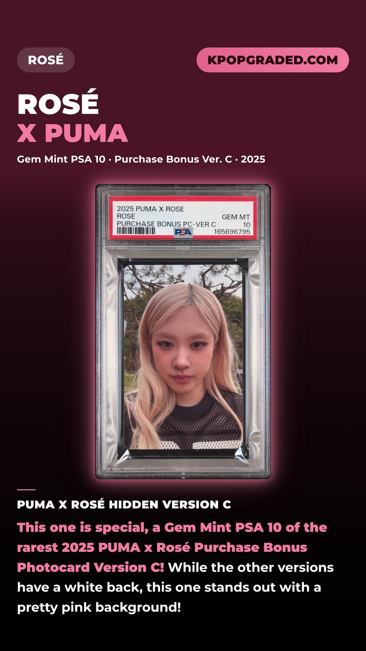 ROSÉ X PUMA PURCHASE BONUS PHOTOCARDS ROSE HIDDEN VERSION C GEM MINT PSA 10