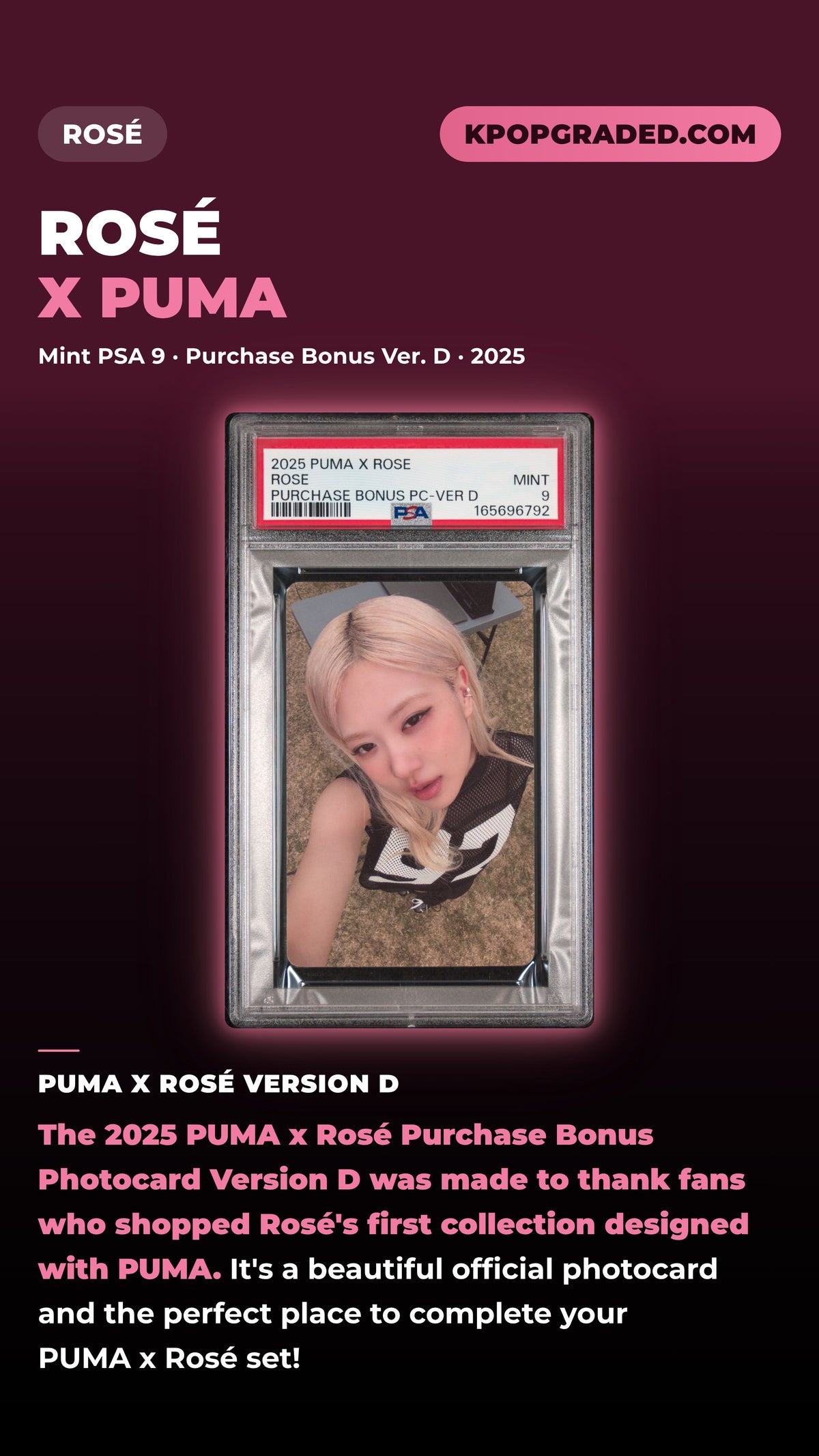 ROSÉ X PUMA PURCHASE BONUS PHOTOCARDS ROSE VERSION D MINT PSA 9