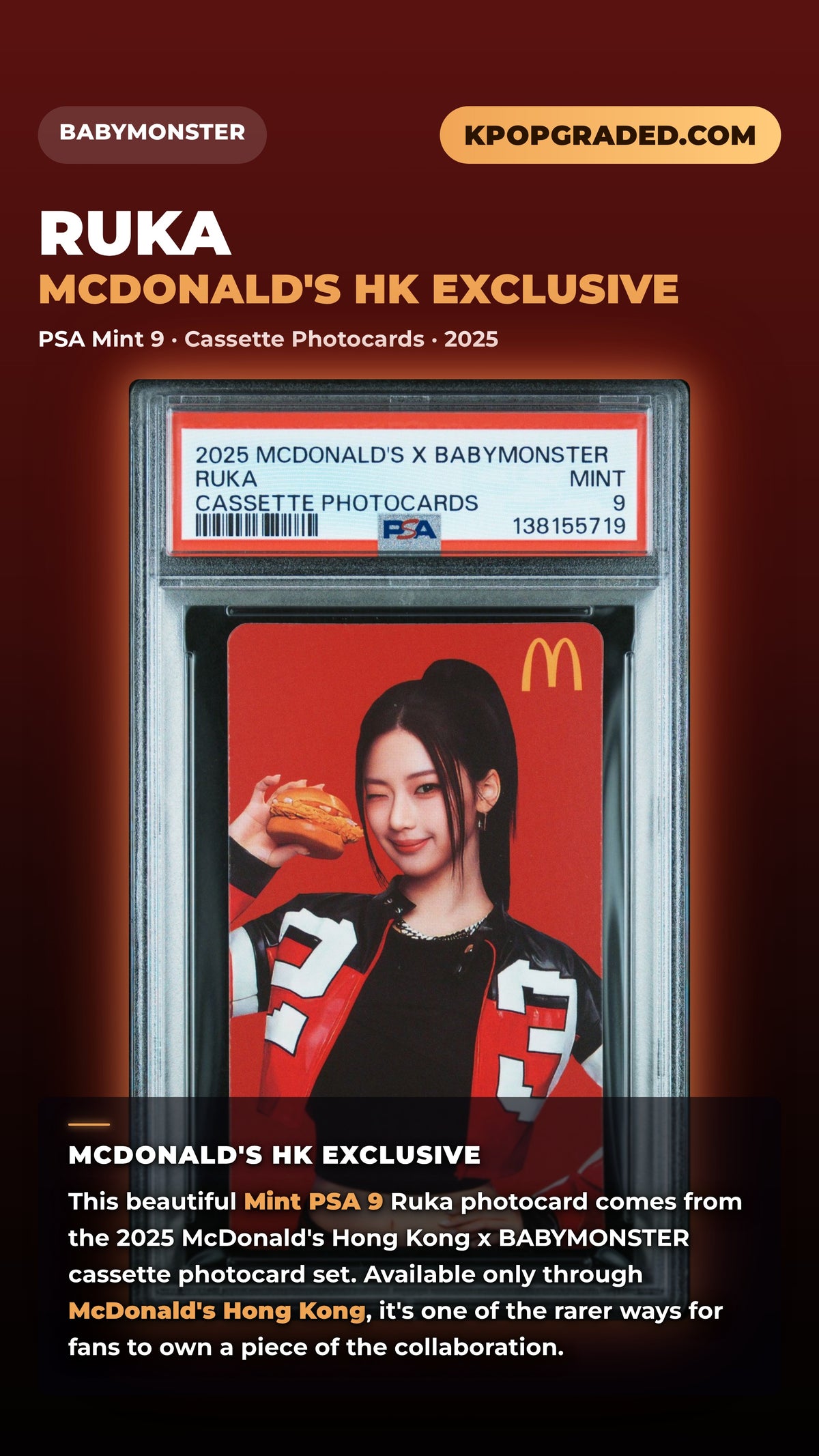 RUKA 2025 MCDONALD'S X BABYMONSTER CASSETTE PHOTOCARD MINT PSA 9