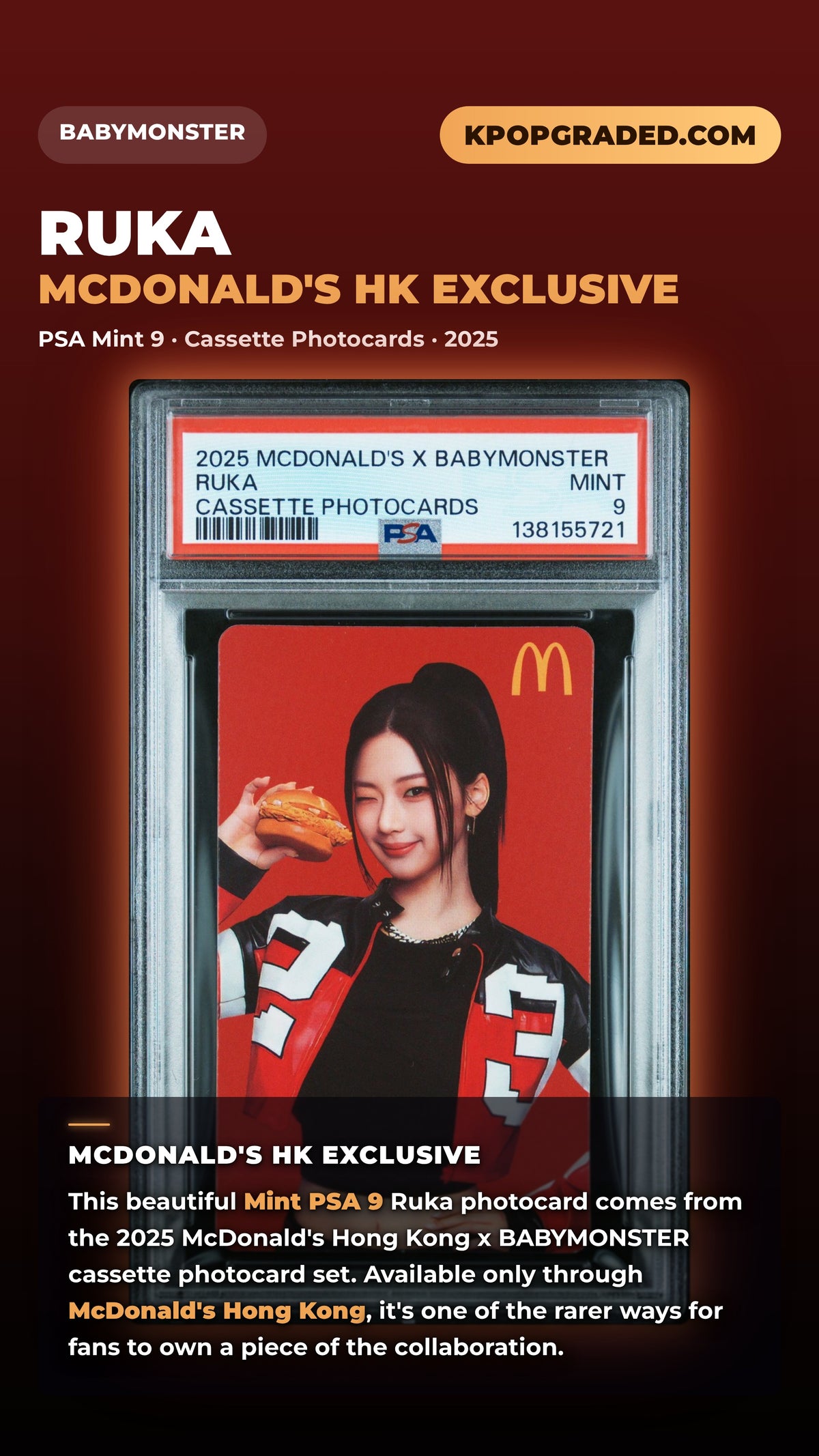 RUKA 2025 MCDONALD'S X BABYMONSTER CASSETTE PHOTOCARD MINT PSA 9