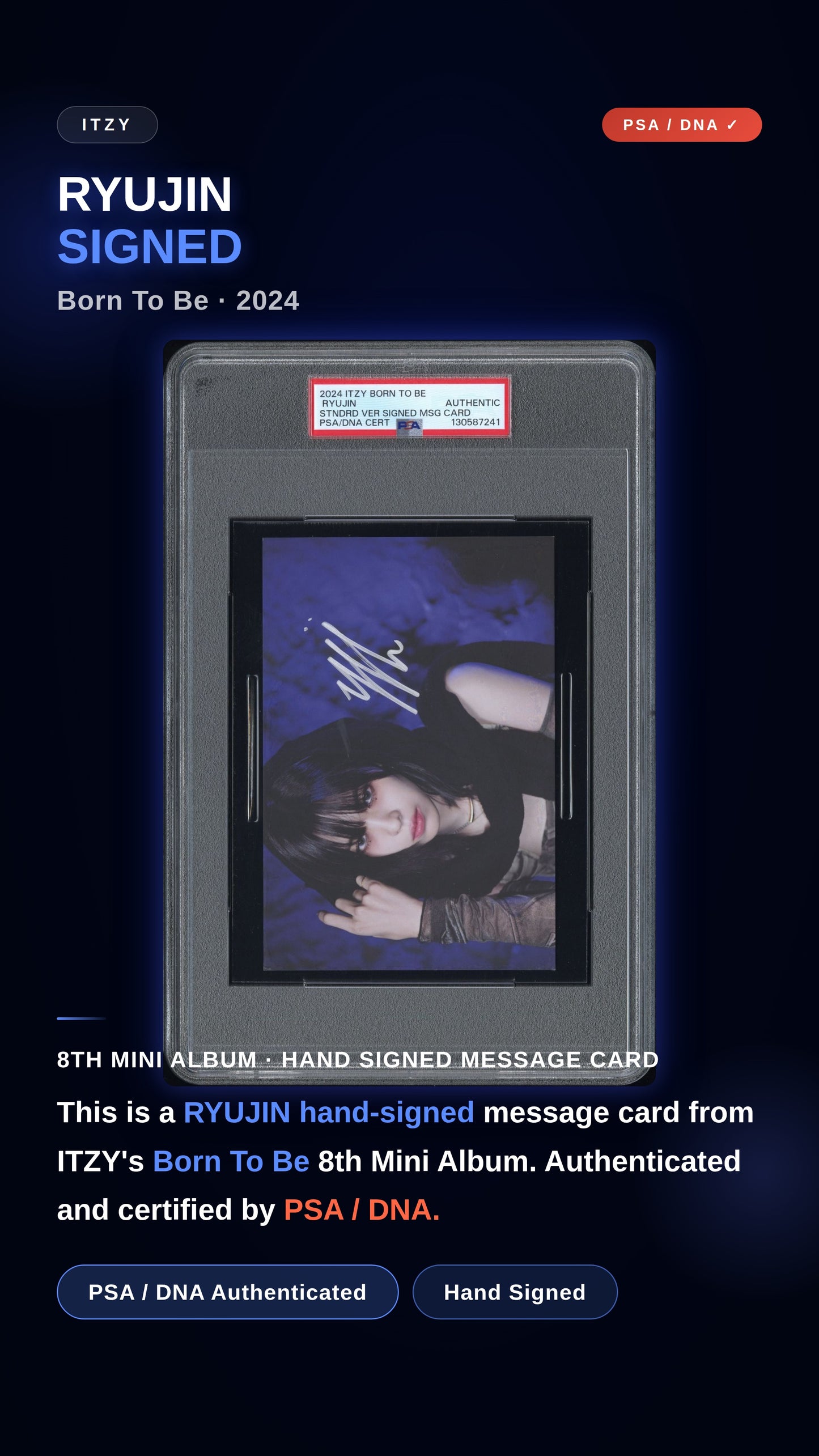 RYUJIN 2024 ITZY 8TH MINI ALBUM BORN TO BE SIGNED MESSAGE CARDS PSA/DNA AUTHENTICATED