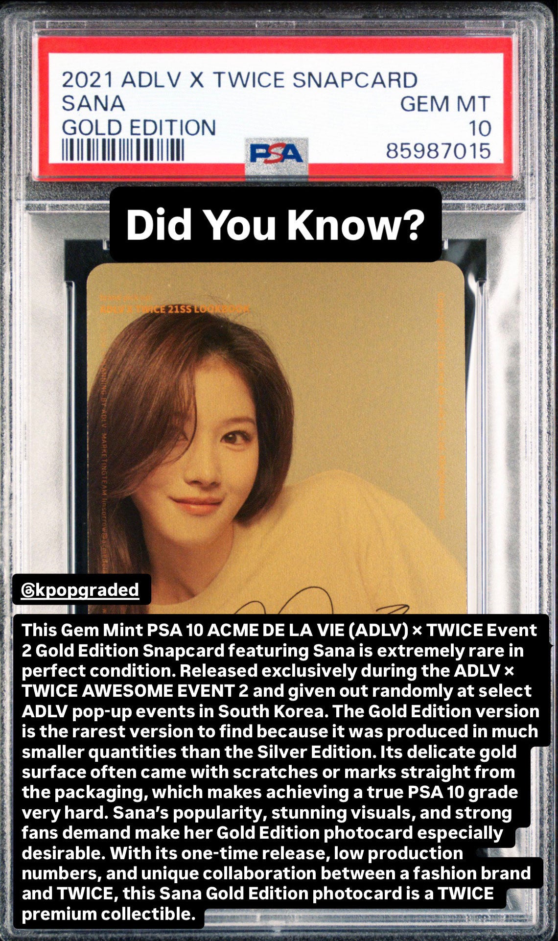 SANA TWICE 2021 ADLV X TWICE EVENT 2 PURCHASE BONUS-GOLD EDITION GEM MINT PSA 10