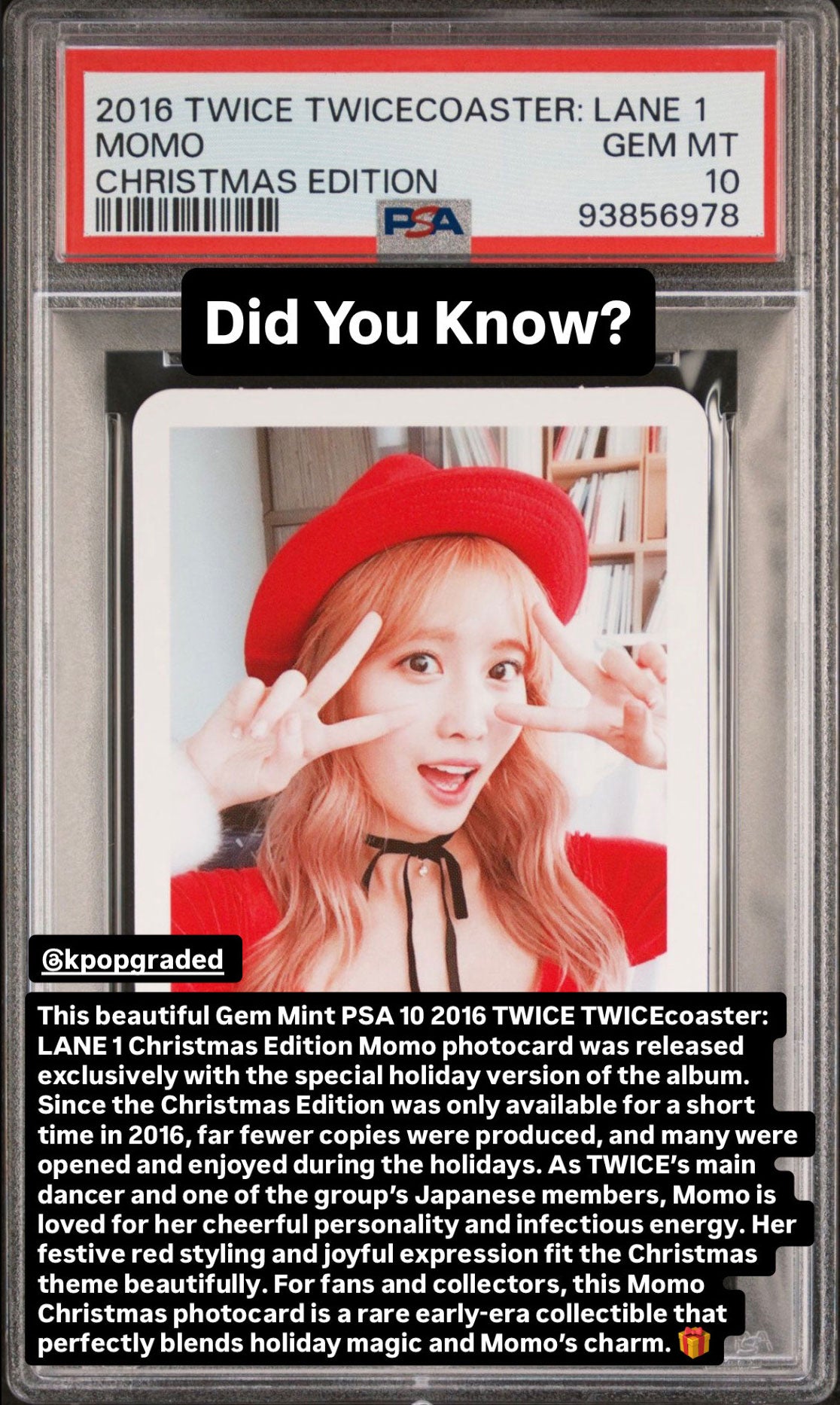 TWICE MOMO CHRISTMAS EDITION PHOTOCARD 2016 TWICE TWICECOASTER: LANE 1 PHOTOCARD GEM MINT PSA 10