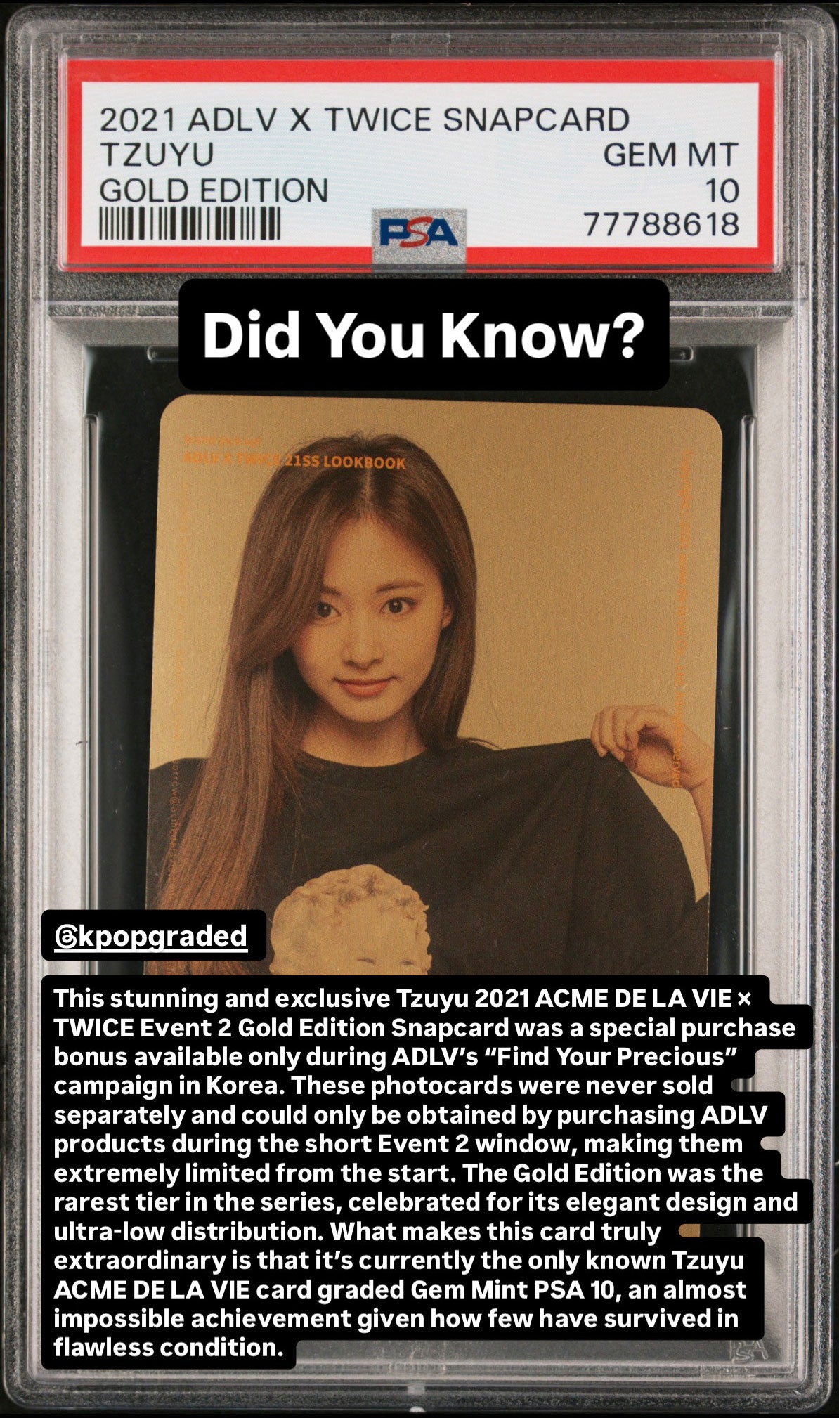 TZUYU 2021 TWICE ADLV X SNAPCARD GOLD EDITION PHOTOCARD GEM MINT PSA 10