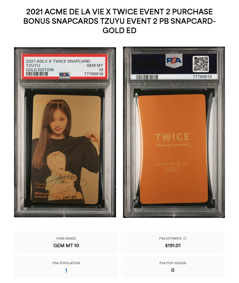 TZUYU 2021 TWICE ADLV X SNAPCARD GOLD EDITION PHOTOCARD GEM MINT PSA 10