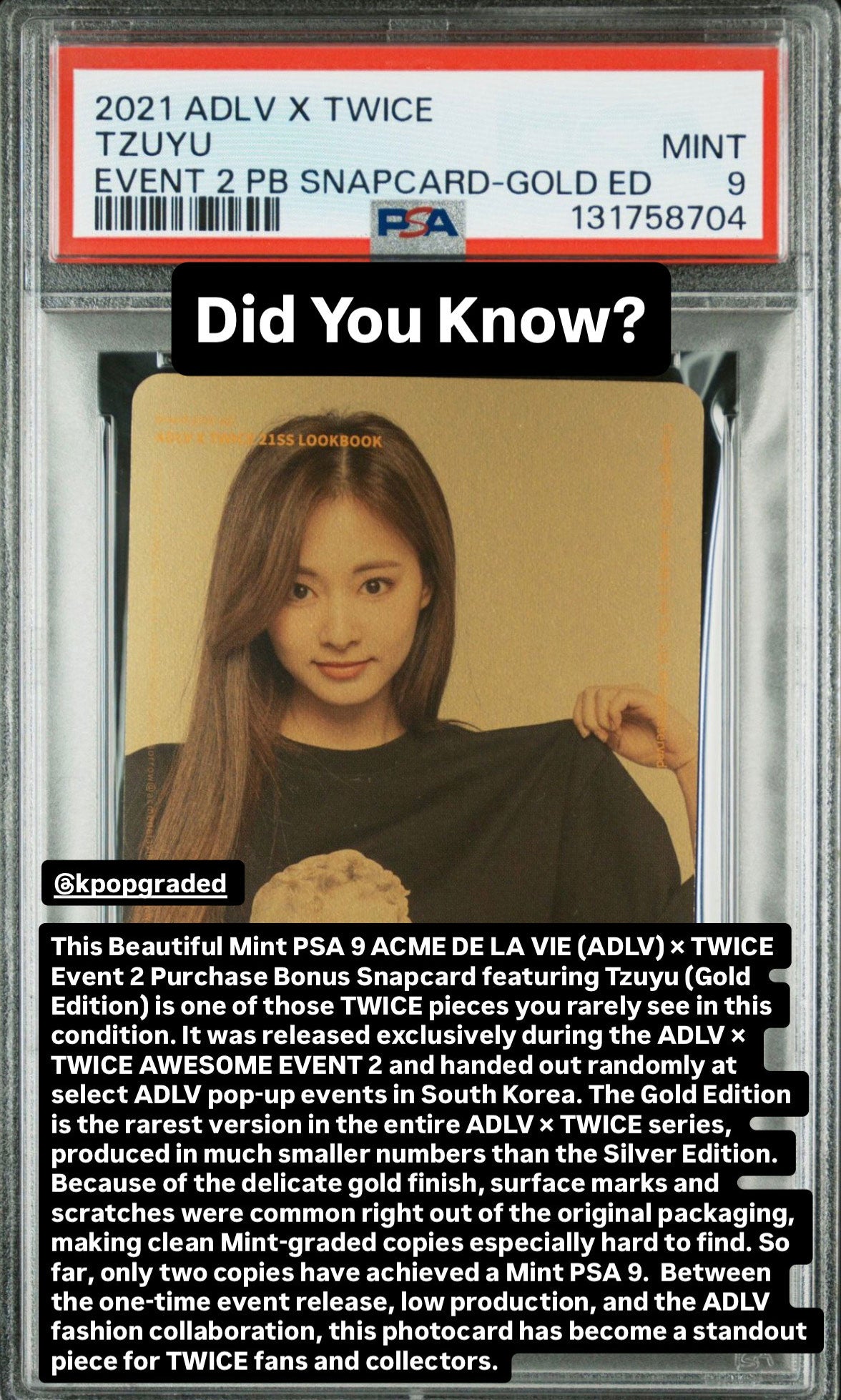 TZUYU TWICE 2021 ADLV X TWICE EVENT 2 PURCHASE BONUS-GOLD EDITION MINT PSA 9
