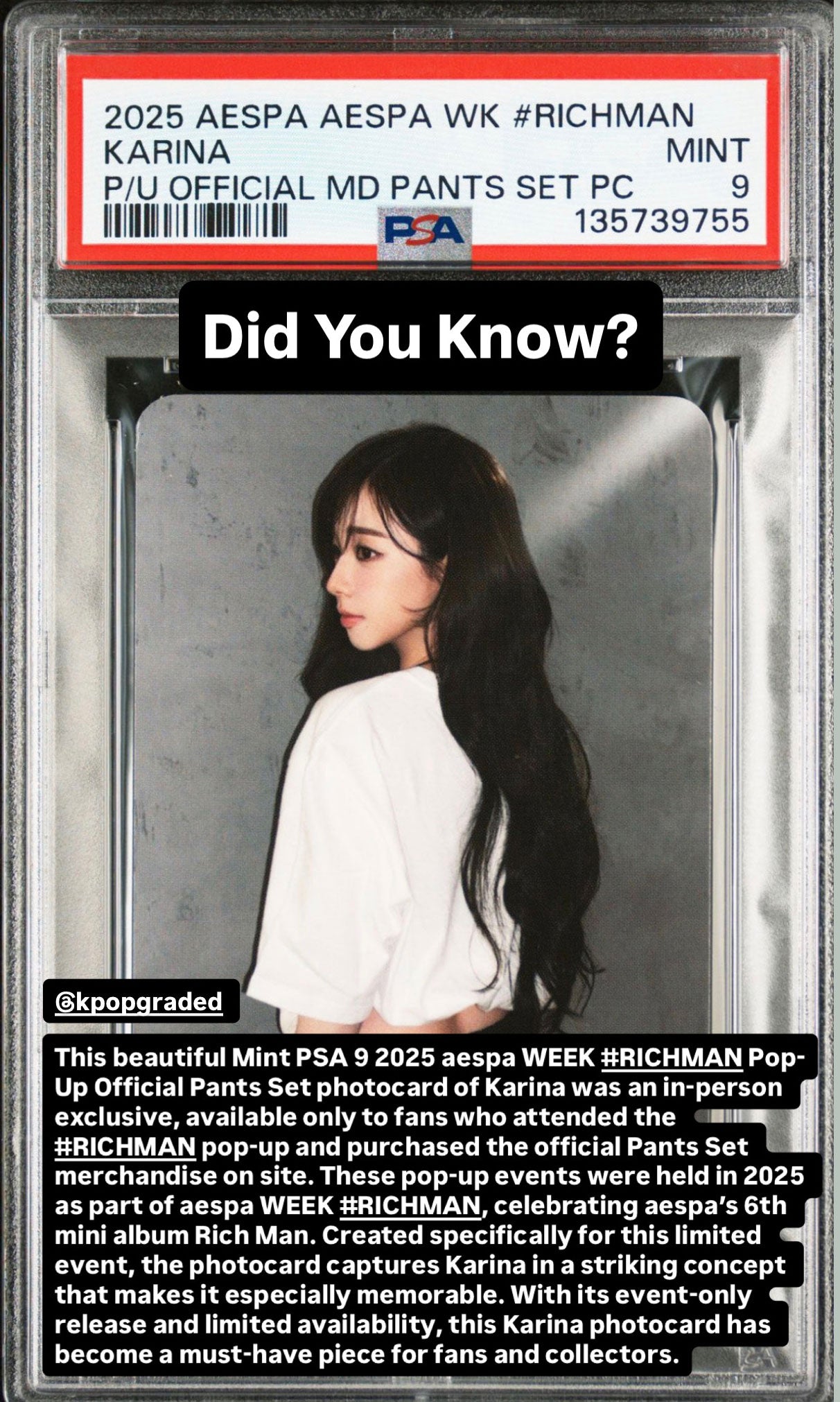 KARINA 2025 AESPA WEEK #RICHMAN POP-UP OFFICIAL MD PANTS SET PHOTOCARD MINT PSA 9