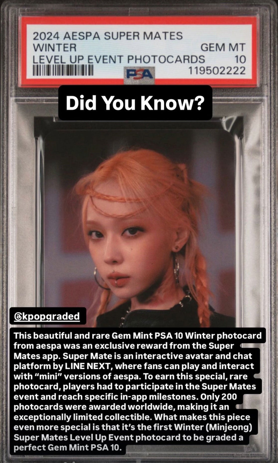 WINTER AESPA SUPER MATES LEVEL UP EVENT PHOTOCARD GEM MINT PSA 10
