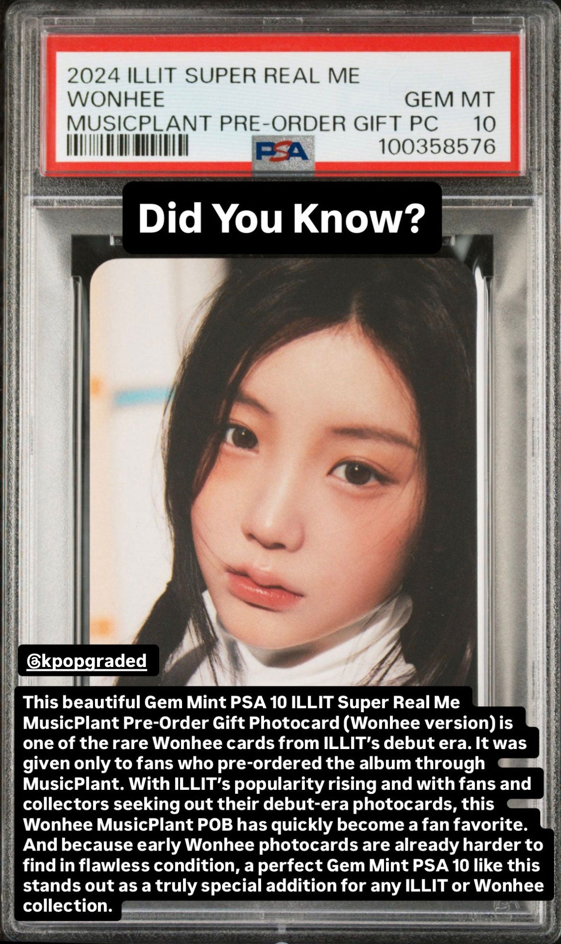 WONHEE ILLIT SUPER REAL ME MUSICPLANT PRE-ORDER GIFT PHOTOCARD GEM MINT PSA 10