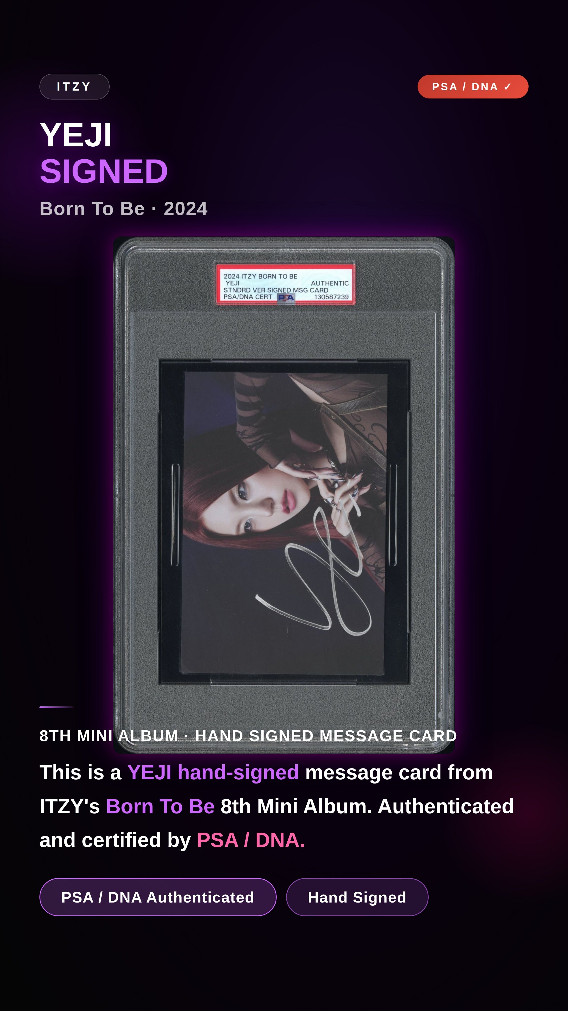 YEJI 2024 ITZY 8TH MINI ALBUM BORN TO BE SIGNED MESSAGE CARDS PSA