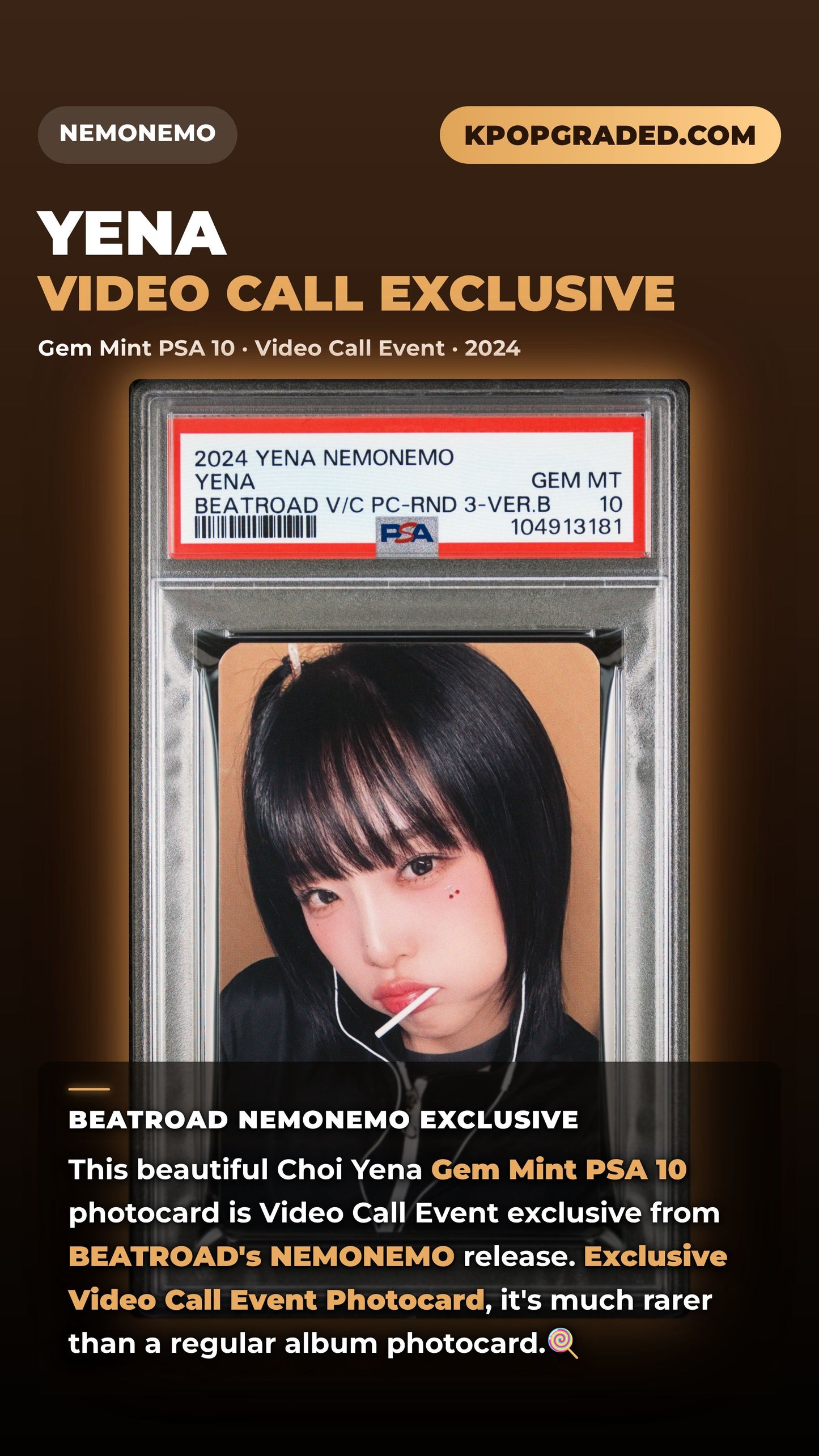 YENA NEMONEMO BEATROAD VIDEO CALL EVENT PHOTOCARD ROUND 3 VERSION B GEM MINT PSA 10