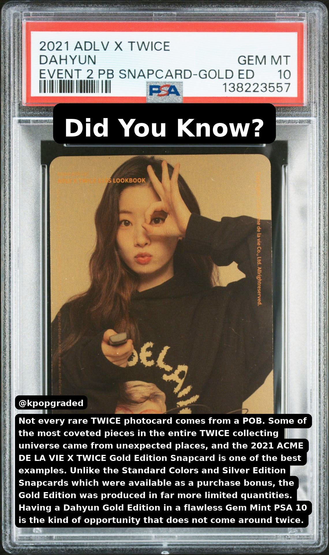 DAHYUN GOLD EDITION 2021 ACME DE LA VIE ADLV GOLD X TWICE EVENT 2 PURCHASE BONUS SNAPCARD GEM MINT PSA 10