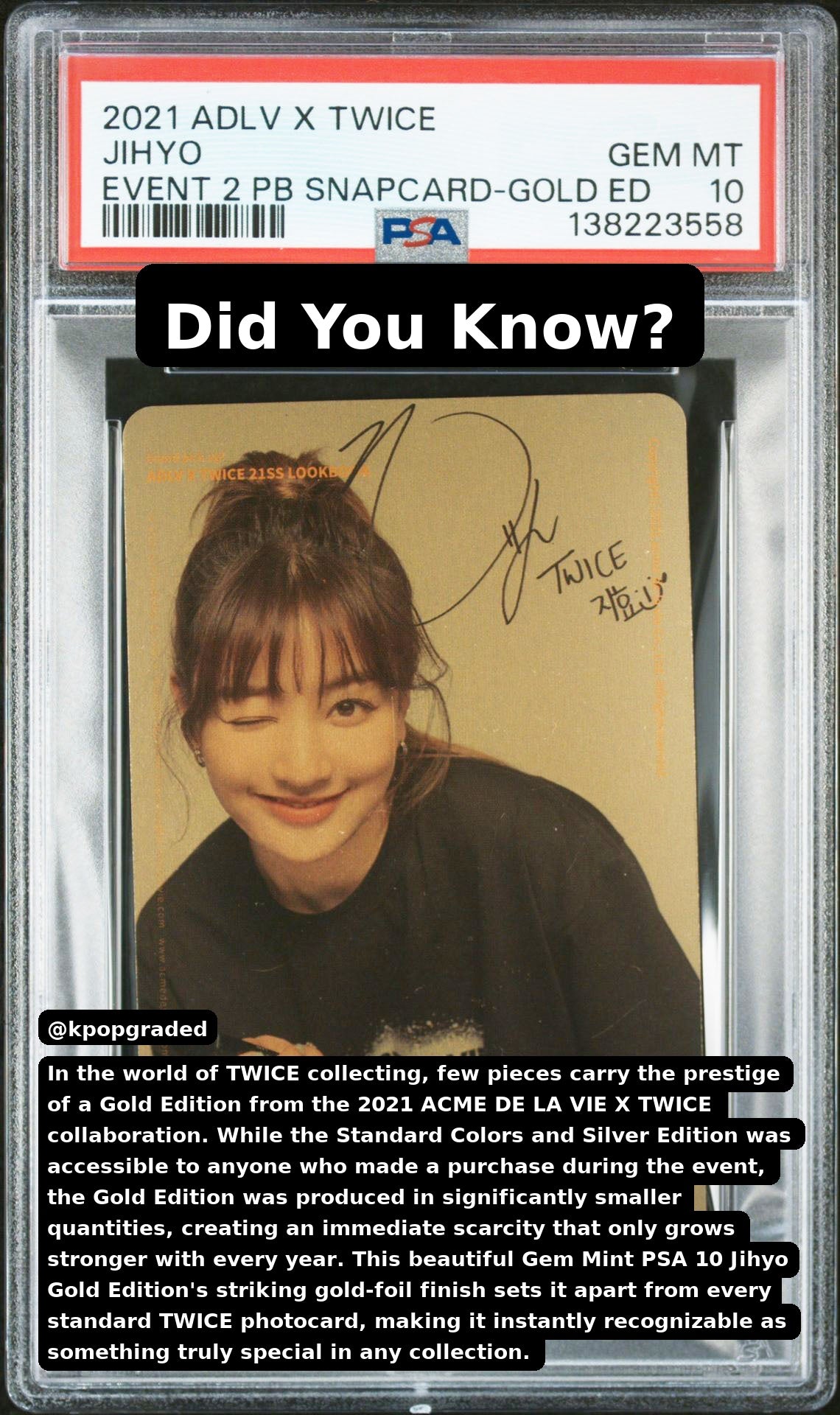 JIHYO GOLD EDITION 2021 ACME DE LA VIE ADLV X TWICE EVENT 2 PURCHASE BONUS SNAPCARD GEM MINT PSA 10
