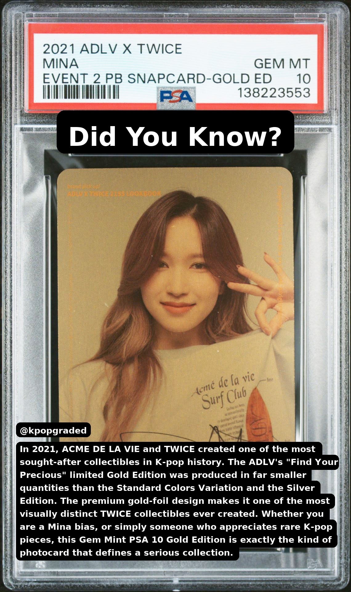 MINA GOLD EDITION 2021 ACME DE LA VIE ADLV X TWICE EVENT 2 PURCHASE BONUS SNAPCARD GEM MINT PSA 10