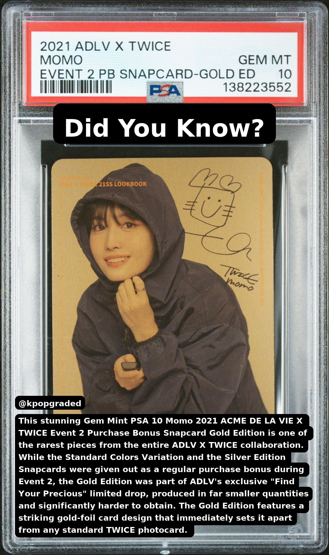 MOMO GOLD EDITION 2021 ACME DE LA VIE ADLV X TWICE EVENT 2 PURCHASE BONUS SNAPCARD GEM MINT PSA 10
