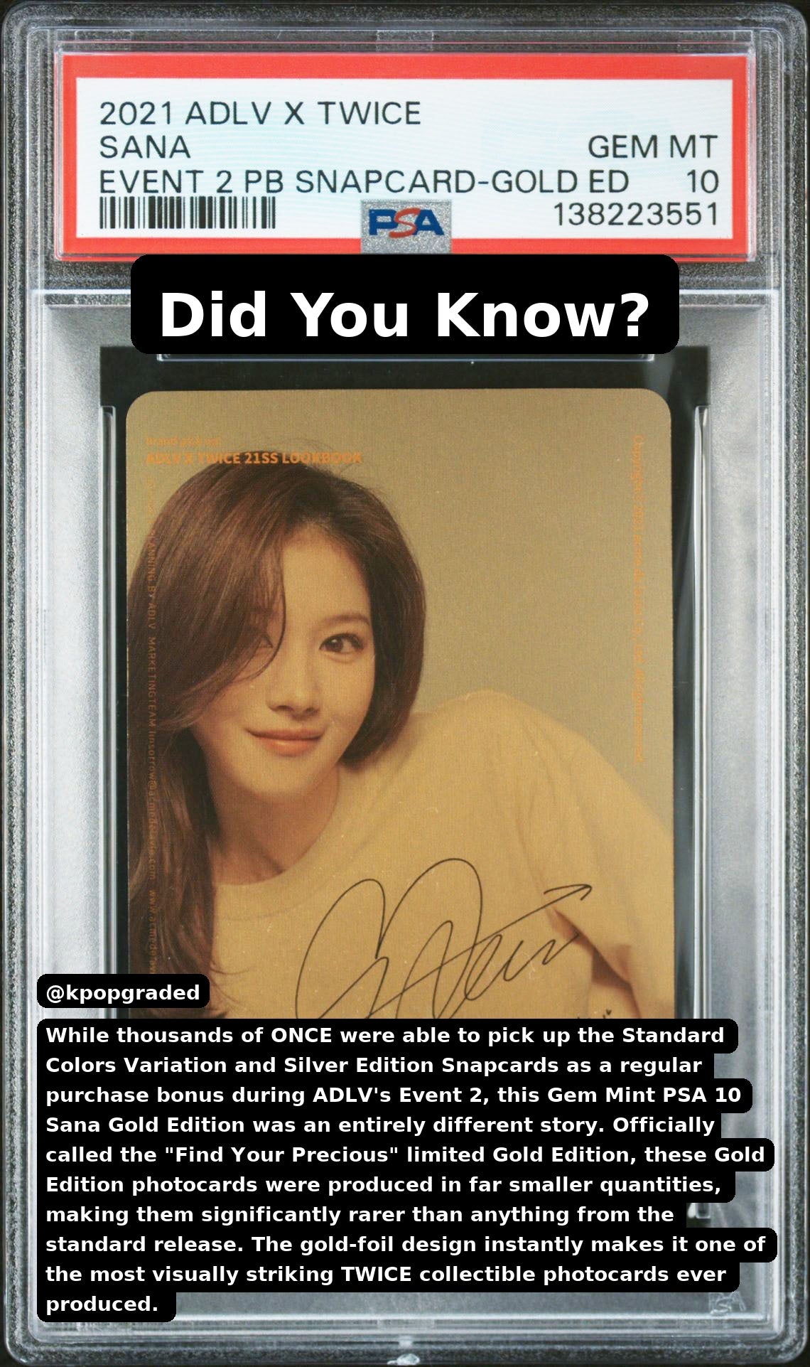 SANA GOLD EDITION 2021 ACME DE LA VIE ADLV X TWICE EVENT 2 PURCHASE BONUS SNAPCARD GEM MINT PSA 10